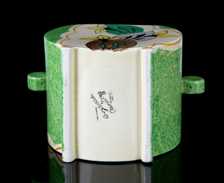 CLARICE CLIFF -GREEN COWSLIP- WILKINSON BIZARRE BONJOUR BISCUIT BARREL JAR POT