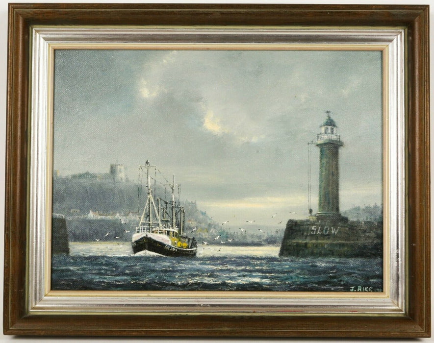 JACK RIGG (BRITISH, b.1927) -GRIMSBY TRAWLER LEAVING WHITBY HARBOUR- OIL ON BOARD, SIGNED