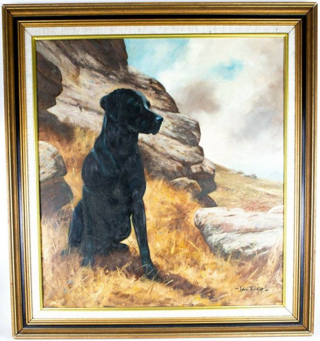 JOHN TRICKETT (BRITISH, b.1953), SEATED BLACK LABRADOR DOG PORTRAIT, OIL ON CANVAS