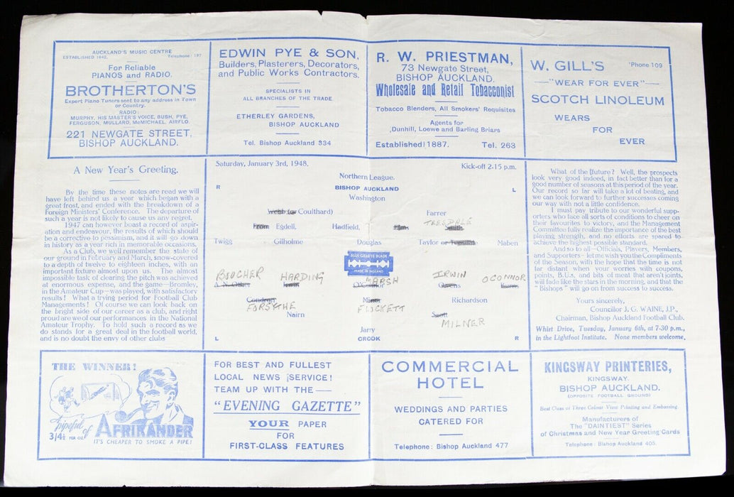 BISHOP AUCKLAND AFC v CROOK, 3/1/1948 NORTHERN LEAGUE FIXTURE FOOTBALL PROGRAMME