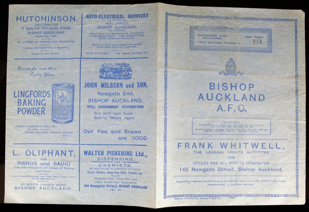 BISHOP AUCKLAND AFC v NORTON WOODSEATS, 14/2/1948 FA AMATEUR CUP 3rd R PROGRAMME