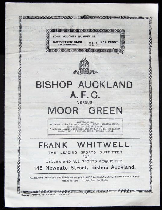BISHOP AUCKLAND AFC v MOOR GREEN, 11/2/1950 FA AMATEUR CUP 3rd ROUND PROGRAMME