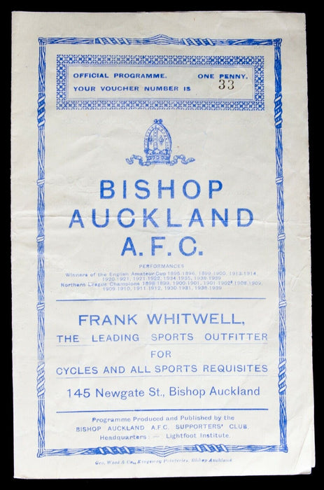 BISHOP AUCKLAND AFC v CROOK, 7/12/1946 NOTHERN LEAGUE CHAMP' FOOTBALL PROGRAMME