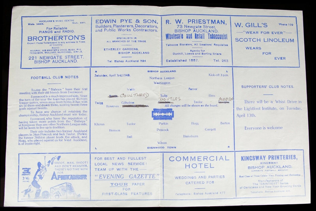 BISHOP AUCKLAND AFC v EVENWOOD TOWN, 3/4/1948 NORTHERN LEAGUE FOOTBALL PROGRAMME