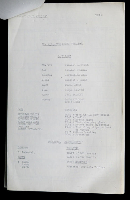 B.B.C DOCTOR WHO 'THE SPACE MUSEUM' 1965 SERIES Q EPISODE 1 SCRIPT BY GLYN JONES