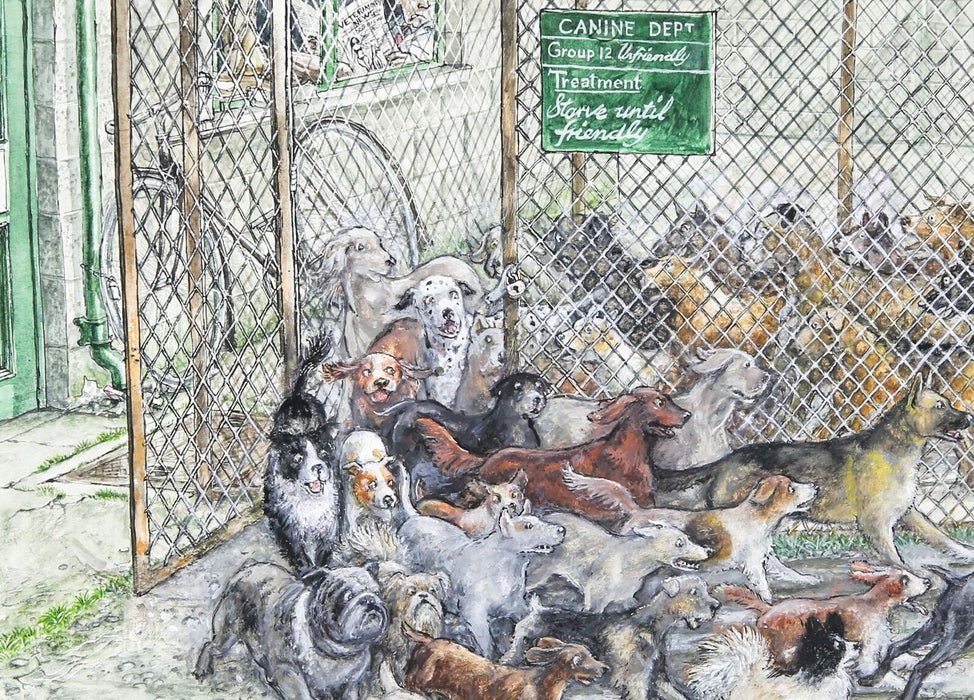 GRAHAM OAKLEY, DOGS ESCAPING THE CANINE DEPT POUND, ORIGINAL WATERCOLOUR ARTWORK