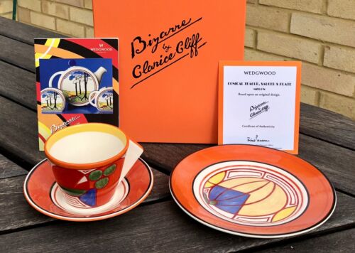 CLARICE CLIFF by WEDGWOOD 'MELON' BIZARRE CONICAL TEACUP SAUCER & PLATE TRIO SET