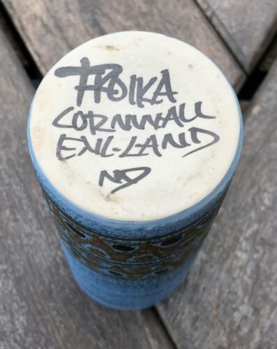 MARILYN PASCOE for TROIKA CORNWALL STUDIO ART POTTERY BLUE CYLINDER VASE, SIGNED
