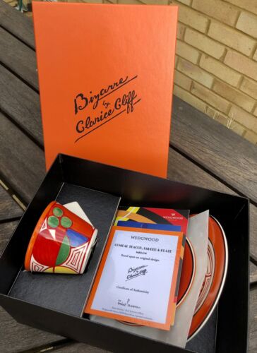 CLARICE CLIFF by WEDGWOOD 'MELON' BIZARRE CONICAL TEACUP SAUCER & PLATE TRIO SET