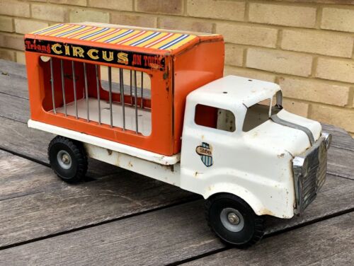 TRIANG 'CIRCUS ON TOUR' VINTAGE TIN PLATE ANIMAL CAGE LORRY TRUCK VAN TOY MODEL