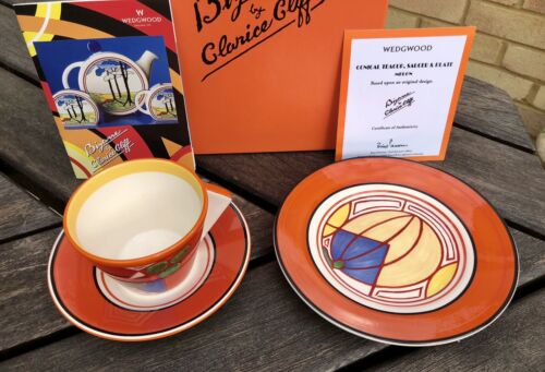 CLARICE CLIFF by WEDGWOOD 'MELON' BIZARRE CONICAL TEACUP SAUCER & PLATE TRIO SET