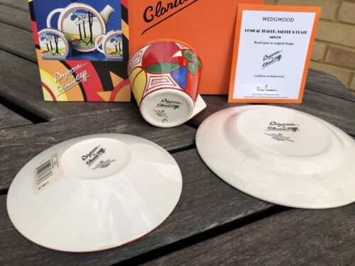CLARICE CLIFF by WEDGWOOD 'MELON' BIZARRE CONICAL TEACUP SAUCER & PLATE TRIO SET
