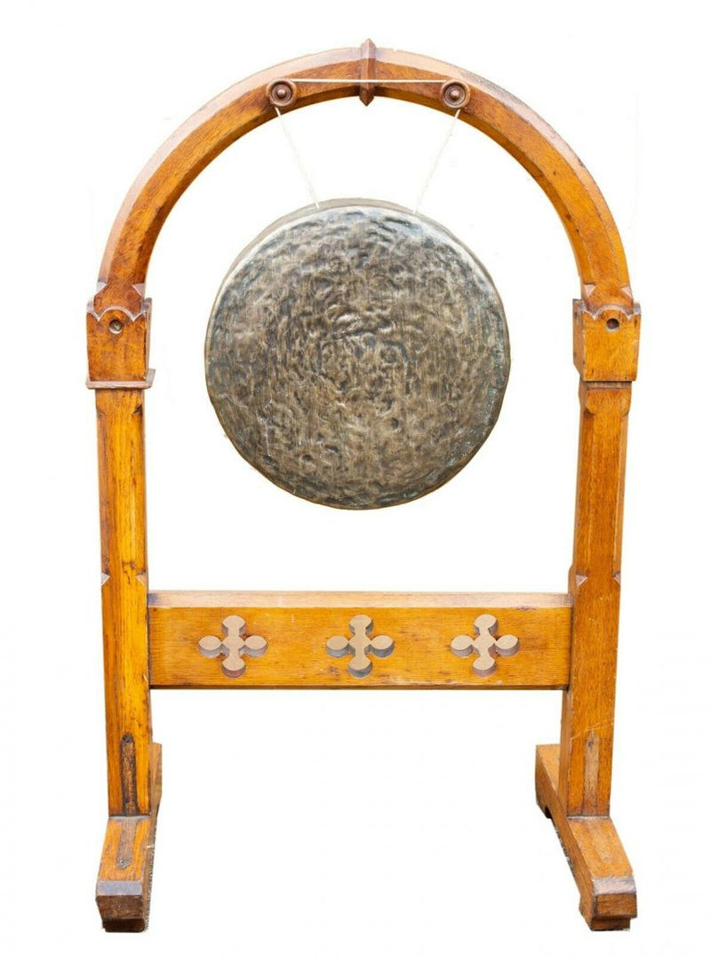 19th CENTURY ARTS & CRAFTS OAK ARCHED TOPPED FREE STANDING FLOOR DINNER GONG