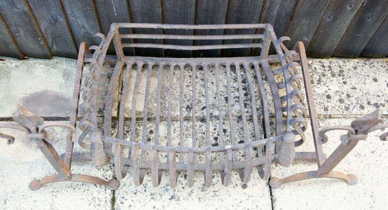 19th/20th CENTURY WROUGHT IRON FIRE BASKET CRADLE &amp; FLEUR DE LIS FIRE DOGS PAIR
