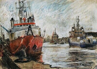 GEOFFREY UNDERWOOD, 1989 CORNISH HARBOUR QUAY SCENE, PASTEL, SIGNED
