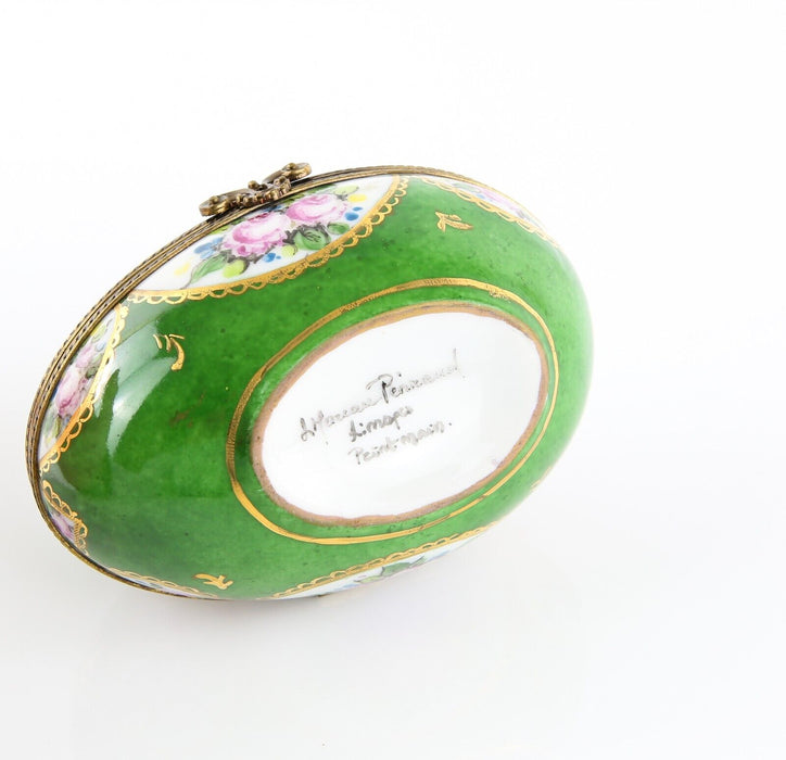 LIMOGES, FRANCE GREEN FLORAL EGG SHAPED ENAMEL PILL TRINKET BOX