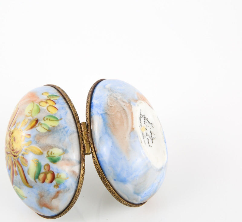 LIMOGES, FRANCE BLUE AND YELLOW FLORAL EGG ENAMEL TRINKET PILL JEWELLERY BOX