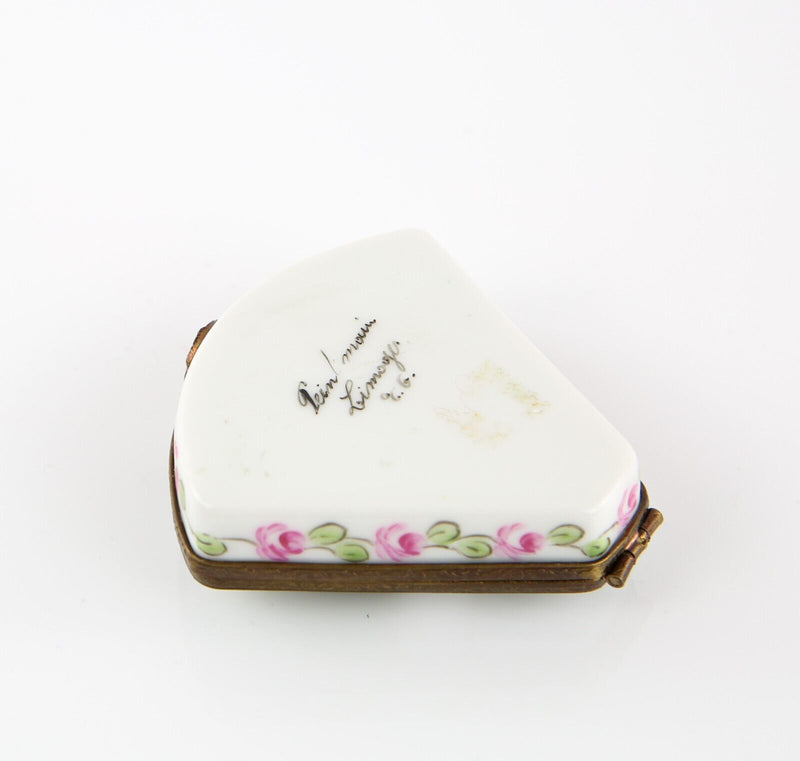 LIMOGES, FRANCE GREEN AND PINK FLORAL FAN SHELL SHAPE ENAMEL TRINKET PILL BOX