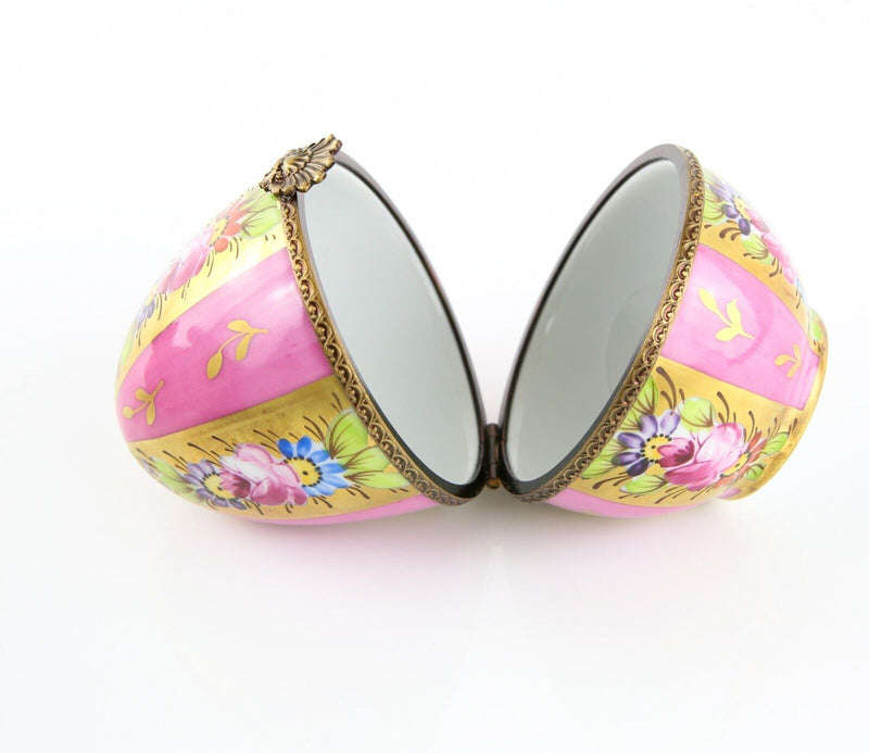 LIMOGES, FRANCE PINK AND GOLD STRIPE FLORAL EGG SHAPED PILL TRINKET BOX