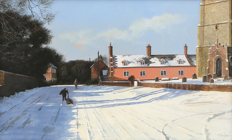 CLIVE MADGWICK, 'LITTLE WALDINGFIELD', SNOWY CHURCH SCENE, OIL PAINTING, SIGNED