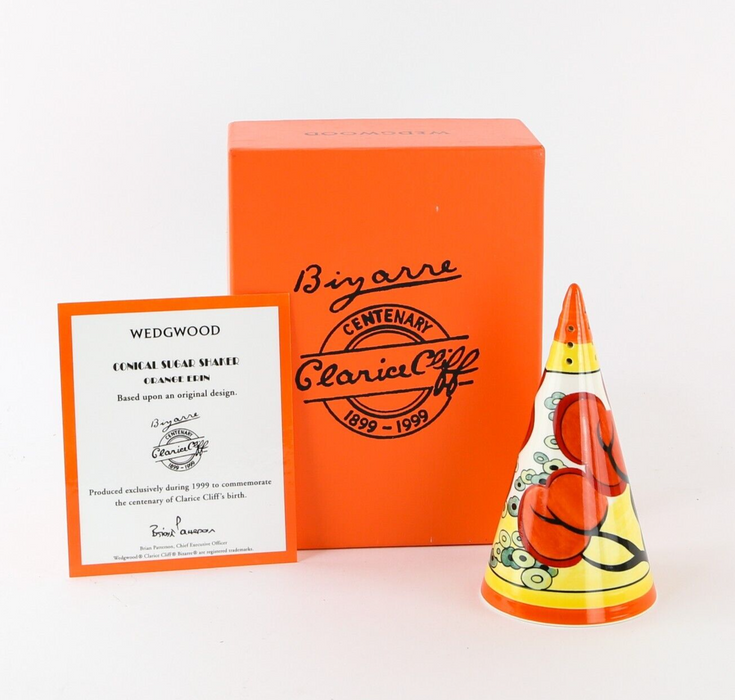 CLARICE CLIFF BY WEDGWOOD 'ORANGE ERIN', CONICAL SUGAR SIFTER SHAKER BOXED & COA