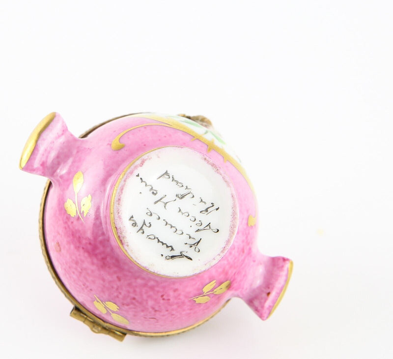 LIMOGES, FRANCE PINK FLORAL HANDLED SOUP TUREEN ENAMEL TRINKET PILL BOX