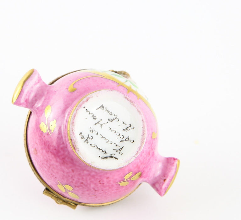 LIMOGES, FRANCE PINK FLORAL HANDLED SOUP TUREEN ENAMEL TRINKET PILL BOX