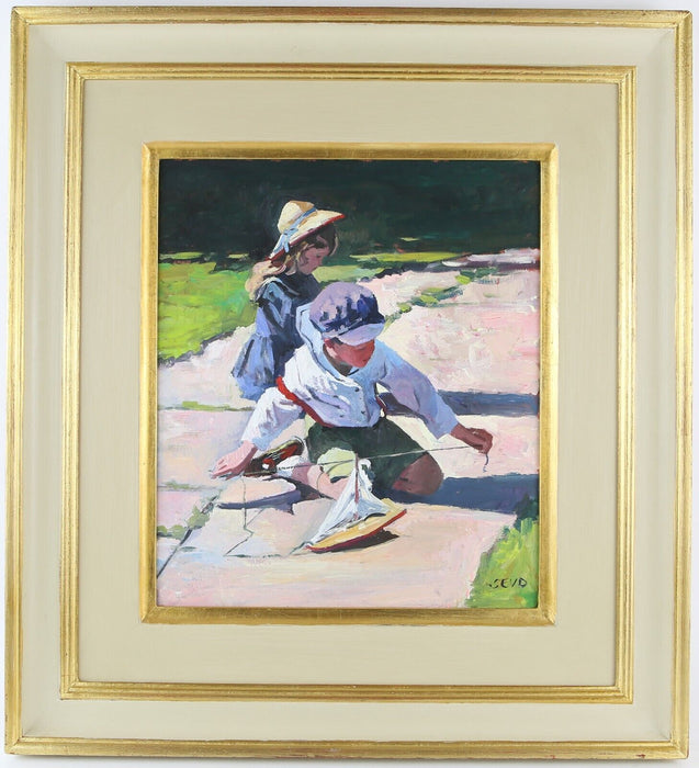 SHERREE VALENTINE DAINES - BROTHER & SISTER, SAILING BOAT, ORIGINAL OIL PAINTING, SIGNED