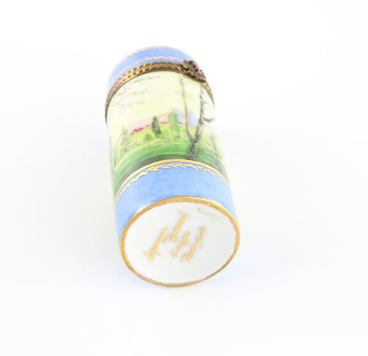 LIMOGES, FRANCE BLUE TREE SCENE PAINTED ENAMEL SCENT BOTTLE TUBE PILL BOX measur