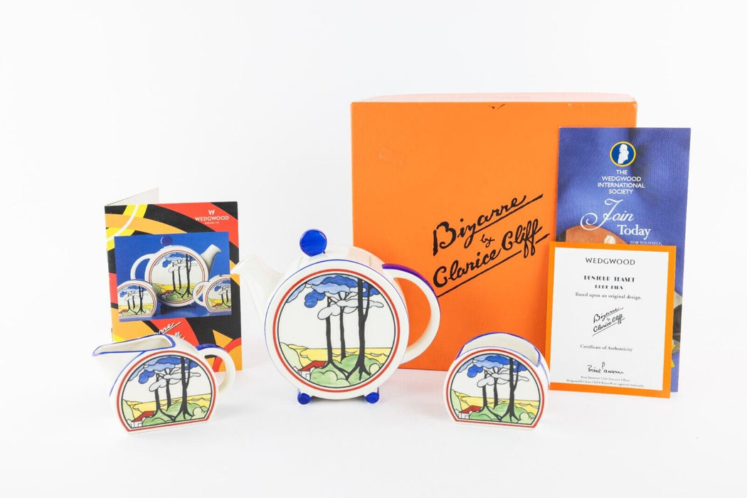 CLARICE CLIFF BY WEDGWOOD 'BLUE FIRS' BIZARRE BONJOUR TEA SET, BOXED & COA