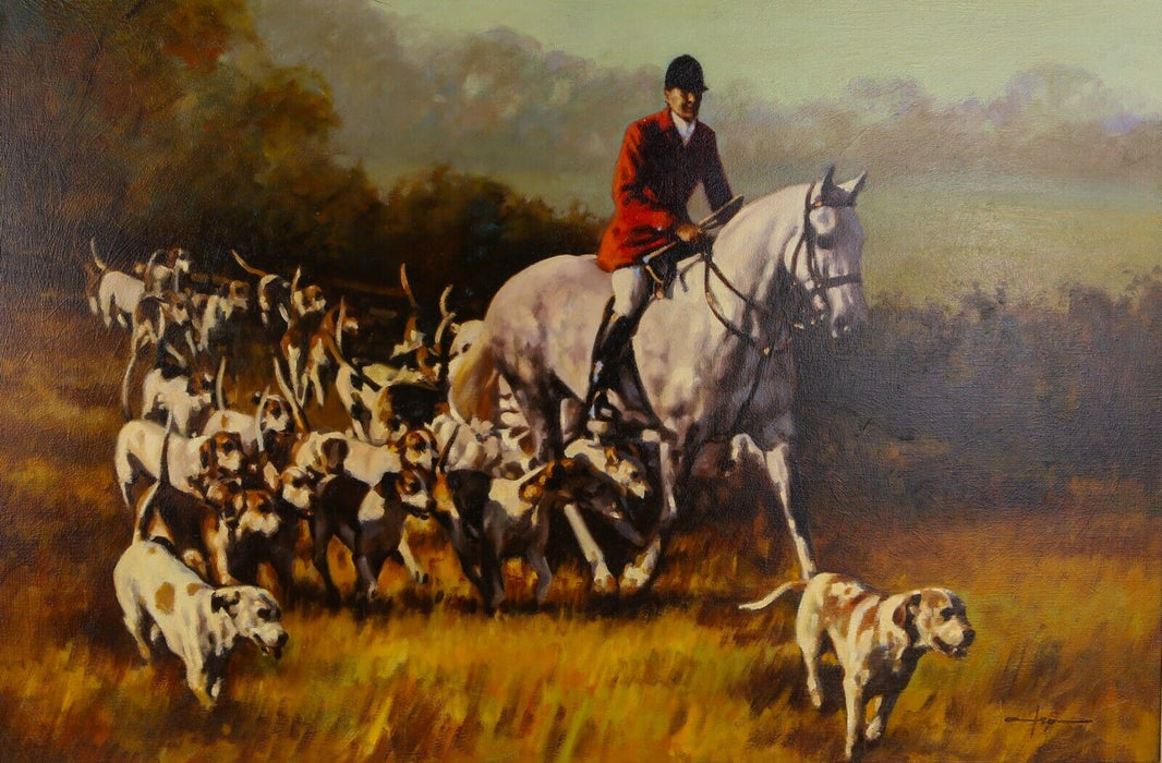 GRAHAM ISOM - HUNTING SCENE WITH HUNTSMEN, HORSES & HOUNDS, OIL PAINTING, SIGNED