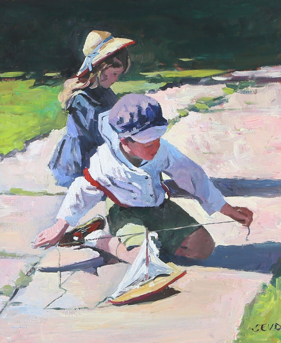 SHERREE VALENTINE DAINES - BROTHER & SISTER, SAILING BOAT, ORIGINAL OIL PAINTING, SIGNED