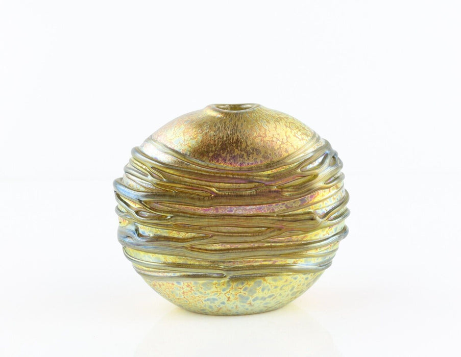 TIMOTHY HARRIS FOR ISLE OF WIGHT 'NIGHTSEA' GOLD COLOUR GLASS ROUND OVAL VASE