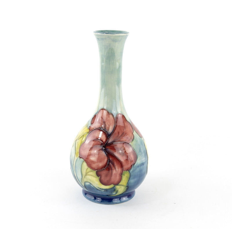 MOORCROFT POTTERY 'HIBISCUS' LARGE FLUTED BUD BOTTLE FLORAL FLOWER VASE