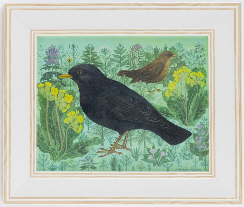 SHEILA FLINN, 'BLACKBIRD AND THRUSH', ORIGINAL OIL PAINTING, SIGNED