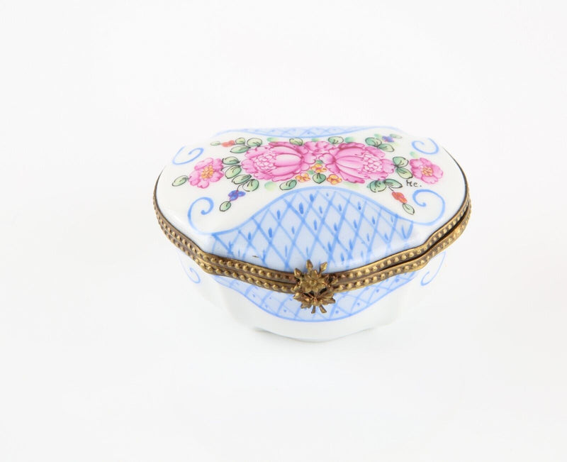 LIMOGES, FRANCE BLUE CROSS AND PINK FLOWERS ENAMEL TRINKET PILL JEWELLERY BOX