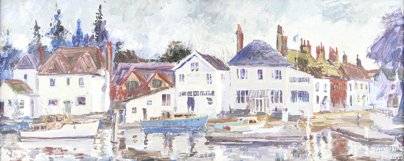 JEREMY KING, RIVER THAMES WITH BOATS & HOUSES, DEC' 1965, OIL PAINTING, SIGNED