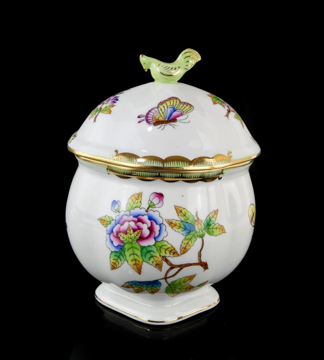 HEREND HUNGARY FLORAL BUTTERFLIES AND BIRD LIDDED BOX POT DISH