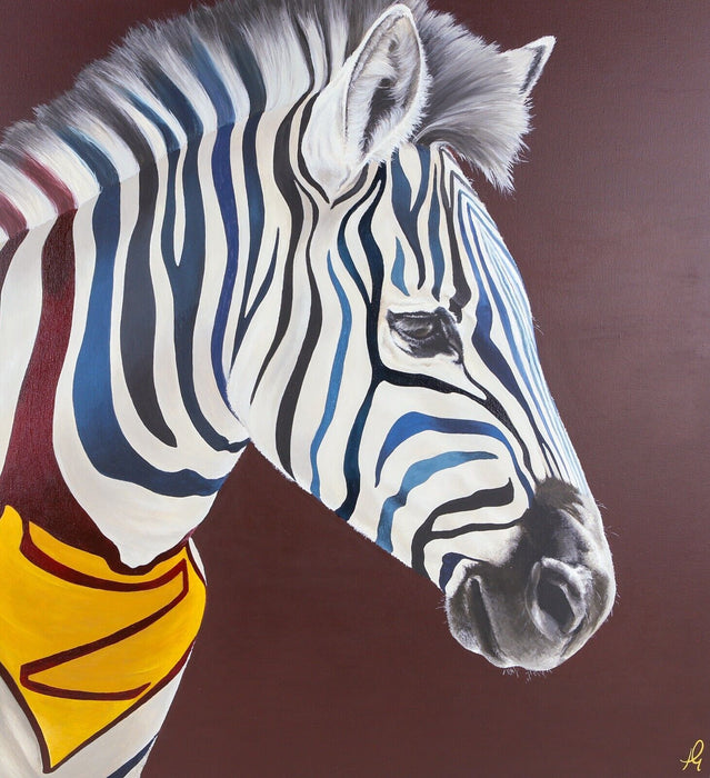 HAYLEY GOODHEAD, 'ZOOPERMAN II', SUPERMAN ZEBRA, ORIGINAL OIL PAINTING, SIGNED