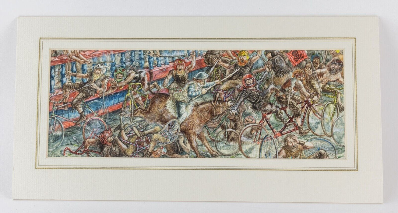 GRAHAM OAKLEY - FIGURE ON A DONKEY FIGHTING MARAUDERS ON BIKES, ORIGINAL ARTWORK