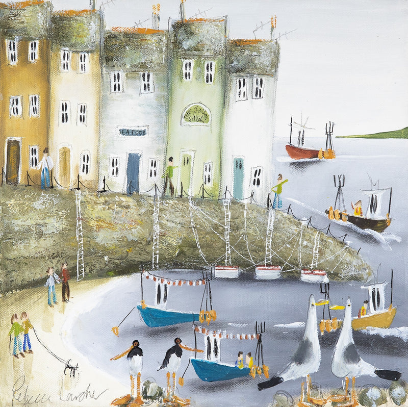 REBECCA LARDNER 'FLAGSHIPS' COASTAL SEASIDE HARBOUR BAY ORIGINAL PAINTING SIGNED