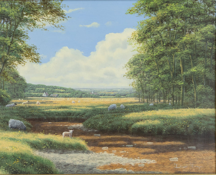 DAVID MORGAN - LANDSCAPE WITH SHEEP GRAZING, ORIGINAL OIL PAINTING, SIGNED
