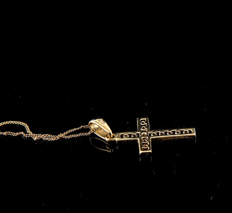 9ct GOLD & WHITE STONE CROSS PENDANT 1.5g HALLMARKED on 9ct GOLD CHAIN 0.6g 48cm