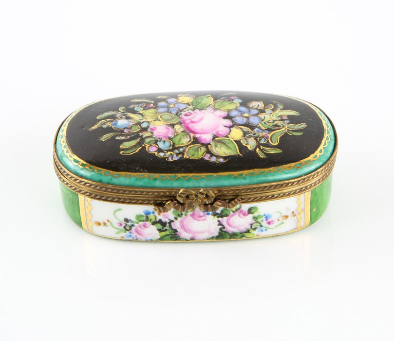 LIMOGES, FRANCE BLACK AND GREEN FLORAL OVAL ENAMEL TRINKET PILL JEWELLERY BOX