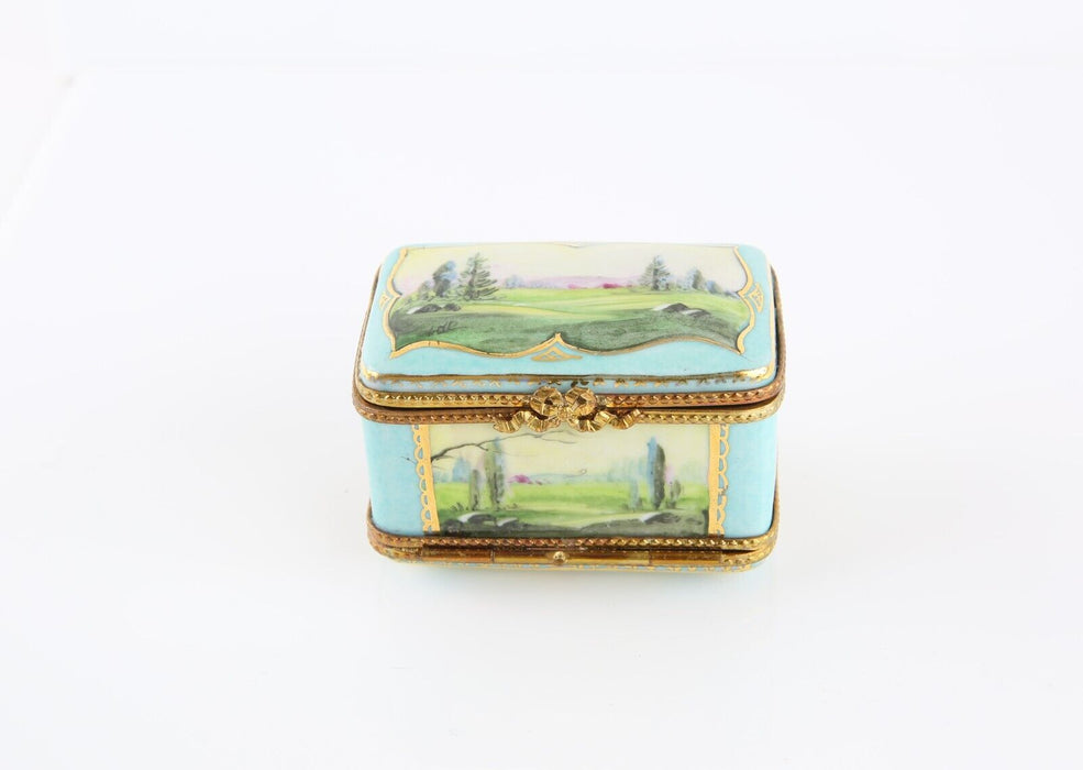 LIMOGES, FRANCE ENAMEL LANDSCAPE SCENE BLUE DOUBLE SIDED RECTANGULAR PILL BOX