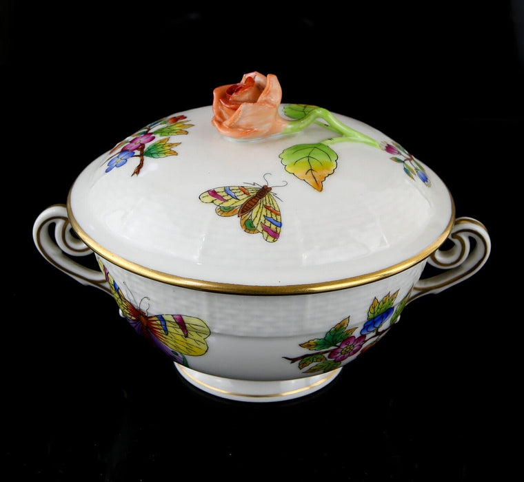 HEREND HUNGARY FLORAL HANDLED CERAMIC LIDDED ROUND DISH BOX