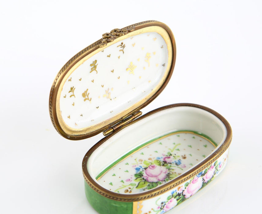 LIMOGES, FRANCE BLACK AND GREEN FLORAL OVAL ENAMEL TRINKET PILL JEWELLERY BOX