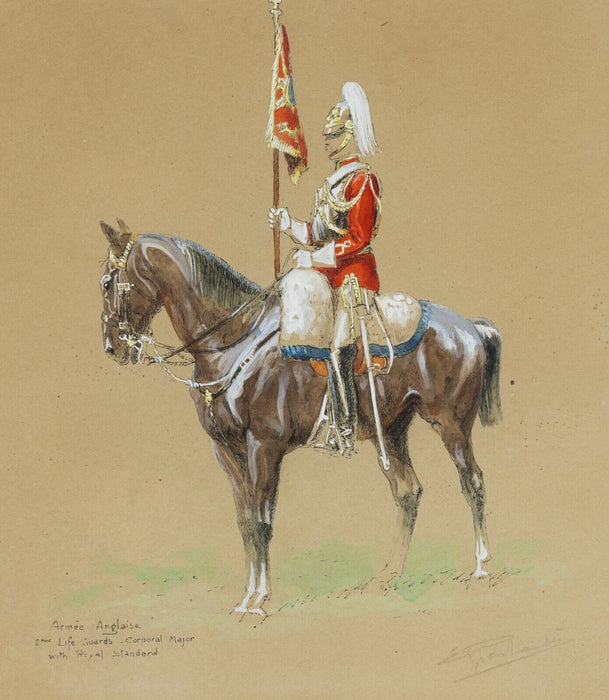 EUGENE PECHAUBES 'CORPORAL MAJOR WITH ROYAL STANDARD' WATERCOLOUR GOUACHE SIGNED