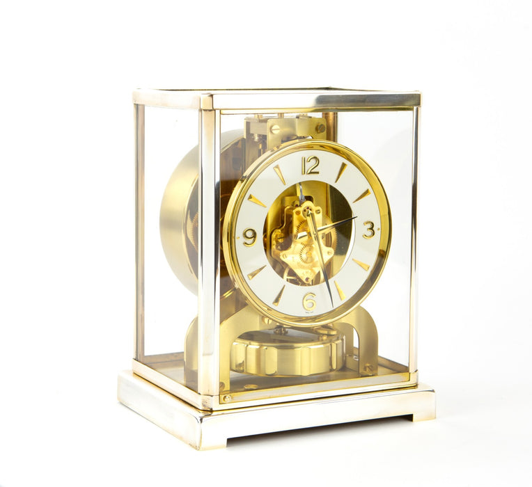 JAEGER LECOULTRE ATMOS RHODIUM PLATED SILVER COLOUR BRACKET MANTEL CLOCK, BOXED