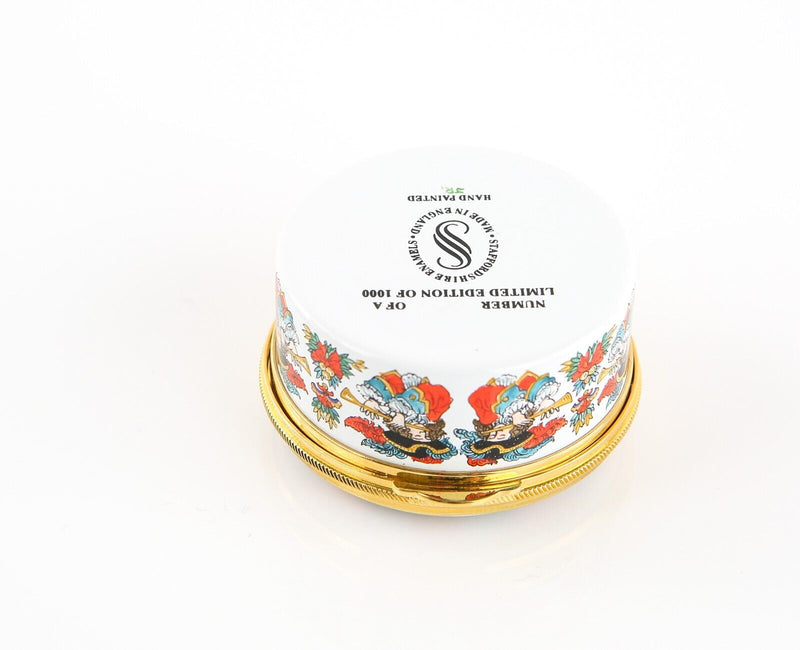 STAFFORDSHIRE 'CHRISTMAS 1994' PIPERS PIPING ENAMEL TRINKET PILL JEWELLERY BOX